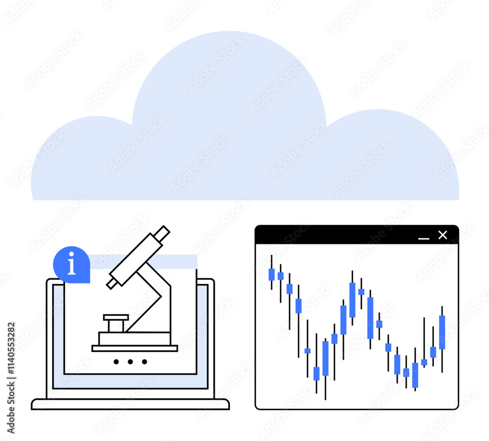 Aufkleber cloud backdrop, laptop displaying a microscope, and chart with data points. ideal for research, data