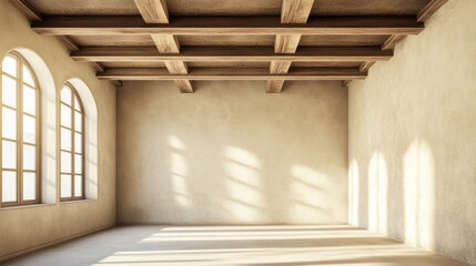 Obraz premium Spacious Interior with Wooden Ceiling Beams and Bright Windows