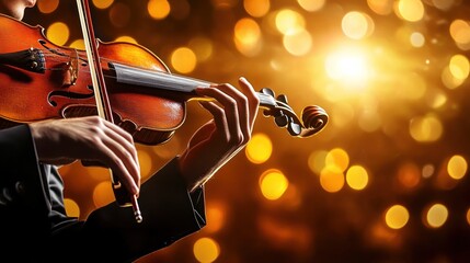 A close-up of a violinist's hands playing, with a bokeh background of warm lights.