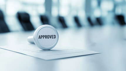 Approved stamp on document in modern office setting