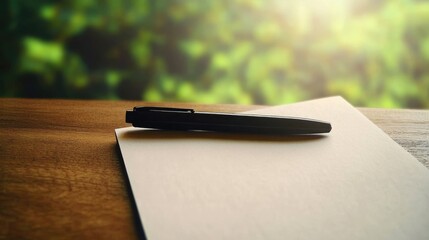 Black pen on open notebook edge against wooden table, blurred background highlighting creativity and writing activity in progress.
