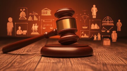 A gavel on a wooden surface with legal icons in the background, symbolizing justice.
