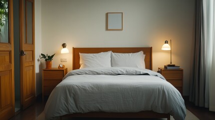 Cozy and Minimalist Bedroom Design with Soft Lighting and Neat Decor for Relaxation and Comfort