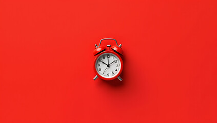 A small red alarm clock sits atop a matching red background filling most of the frame with its loud presence._00003_
