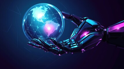 A robotic hand holds a glowing globe, symbolizing technology and global connectivity.