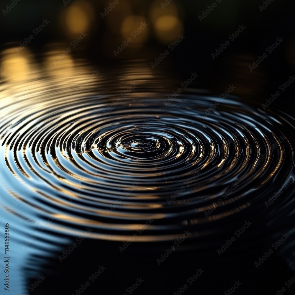 Poster close-up of shimmering water ripples reflecting warm light, creating mesmerizing patterns in dark wa