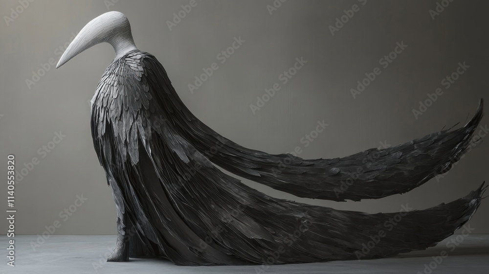 Aufkleber a sculptural representation of a bird-like figure with flowing feathers and a distinct beak.