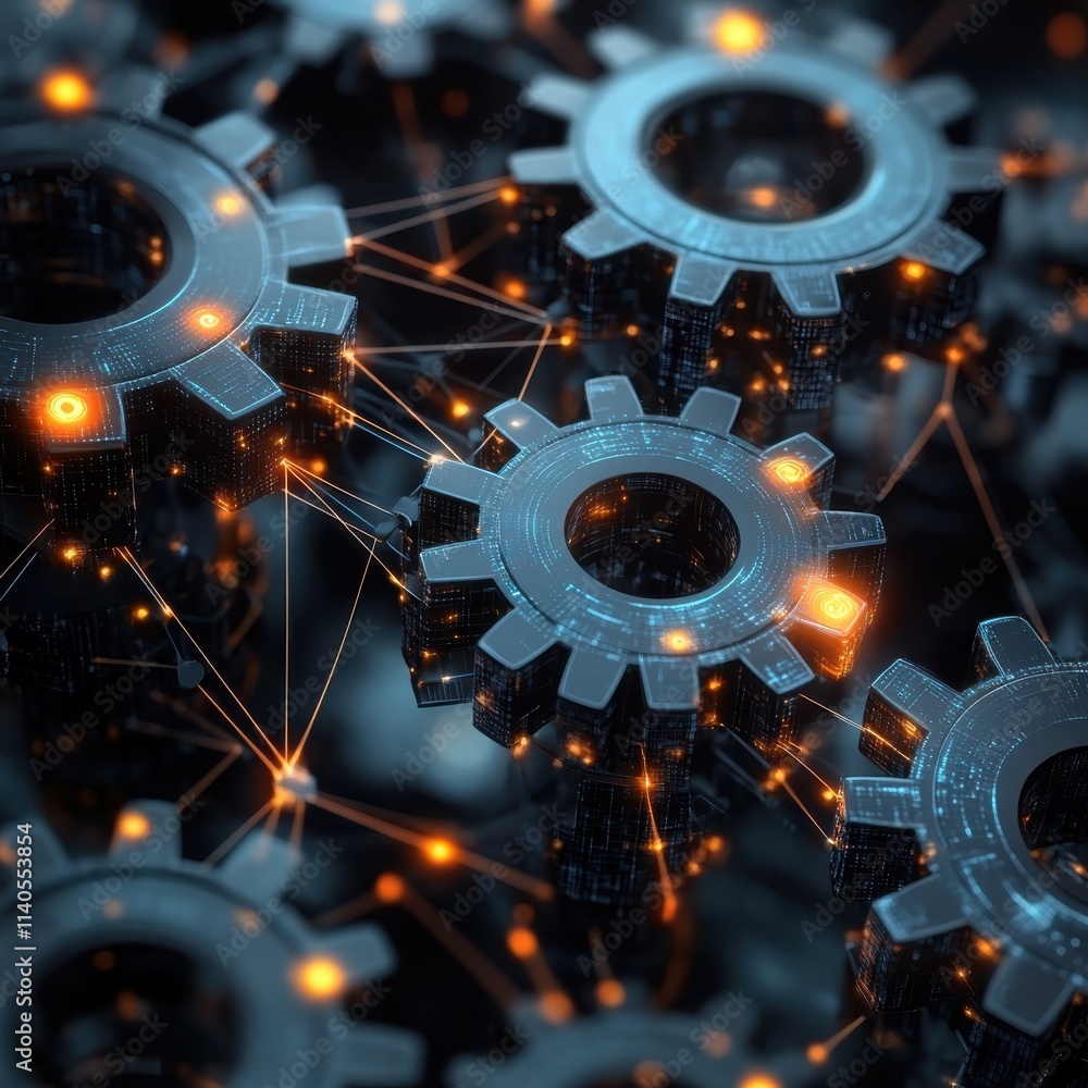 Poster close-up of interconnected gears with glowing elements, symbolizing advanced technology and automati