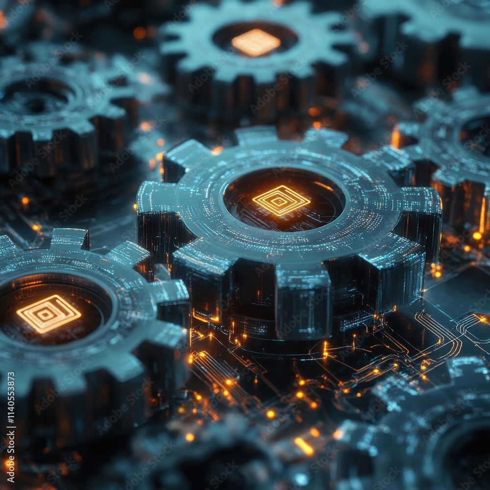 Poster a close-up view of futuristic gears glowing with circuitry, showcasing a blend of technology and inn