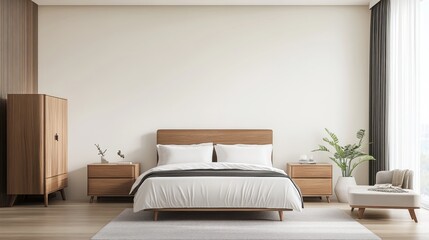Fototapeta premium Modern Minimalist Bedroom Design with Wooden Furniture and Cozy Atmosphere in Bright Interior Space