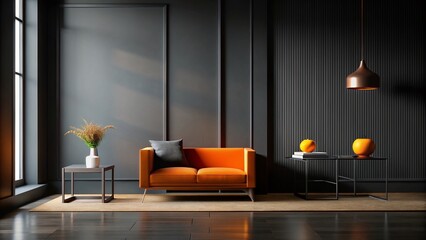 Minimalist Black Orange Room Photography: Dark Walls, Geometric Shapes, Stylish Interior Design
