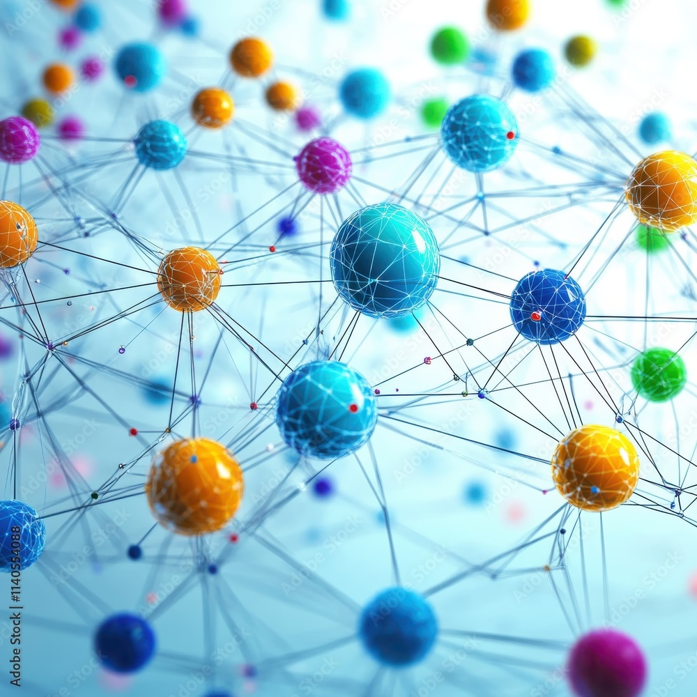 Aufkleber abstract network of colorful spheres representing connections in a digital universe.