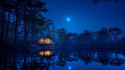 Fototapeta premium A serene lakeside cabin illuminated at night under a starry sky.