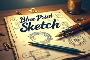 Fototapeta premium Blueprint Sketch Vector Font Scene