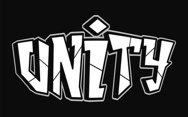 Unity - single word, letters graffiti style. Vector hand drawn logo. Funny cool trippy word Unity, fashion, graffiti style print t-shirt, poster concept