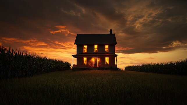 Farmhouse at Sunset with Silhouetted Figures in Windows