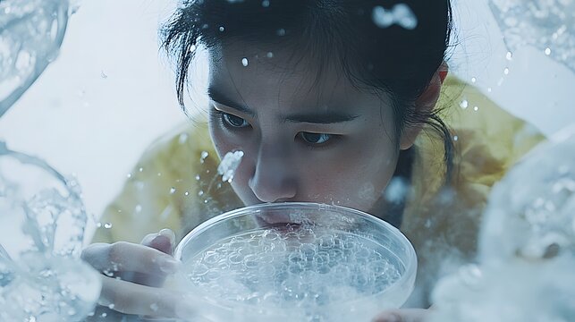 double exposure of a woman biologist studying a petri dish, with her face merged into a close-up image of DNA strands, representing her work in genetics and molecular biology. [Women]:[STEM.Science, 