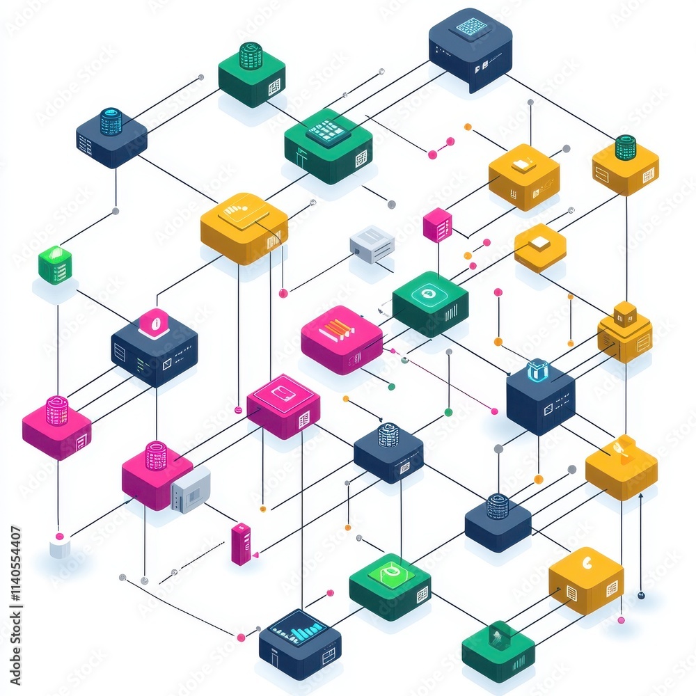 Aufkleber colorful isometric illustration of interconnected network nodes and data flows.