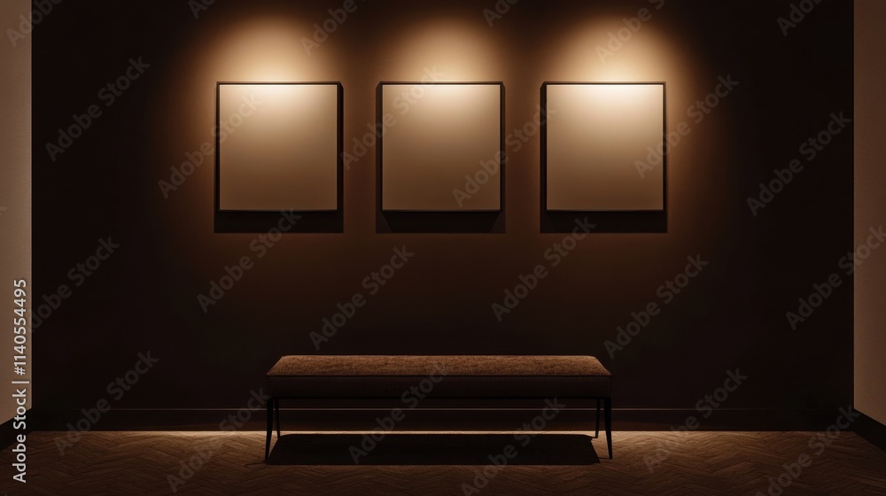 Poster minimalist art gallery with empty frames and warm ambient lighting