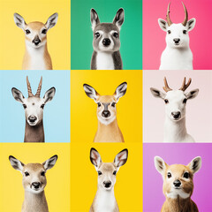 A modern pop-art collage of deer heads against colorful, vibrant backgrounds, blending art,...