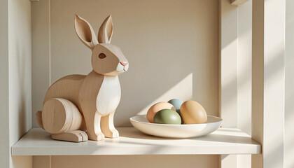 Wooden bunny with pastel Easter eggs in sunlight
