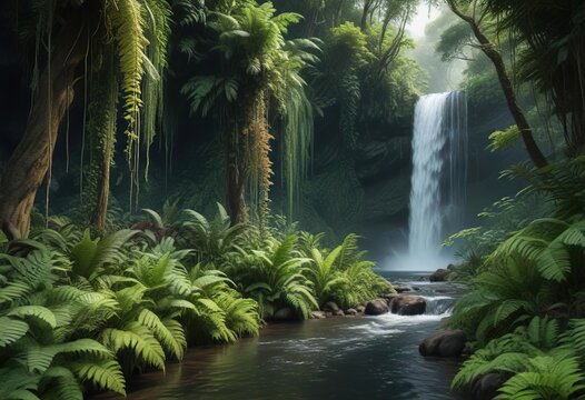 Dense thicket of tilo trees and ferns surrounding a cascading waterfall, shrub, overgrowth