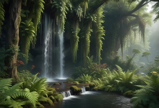 Dense thicket of tilo trees and ferns surrounding a cascading waterfall, shrub, greenery, vegetation