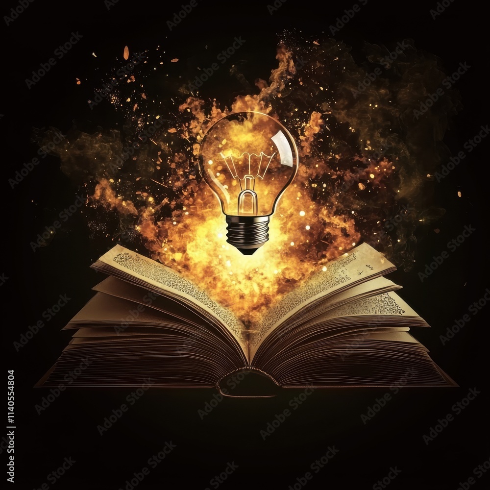 Poster an open book with a glowing light bulb hovering above, symbolizing the spark of knowledge and creati