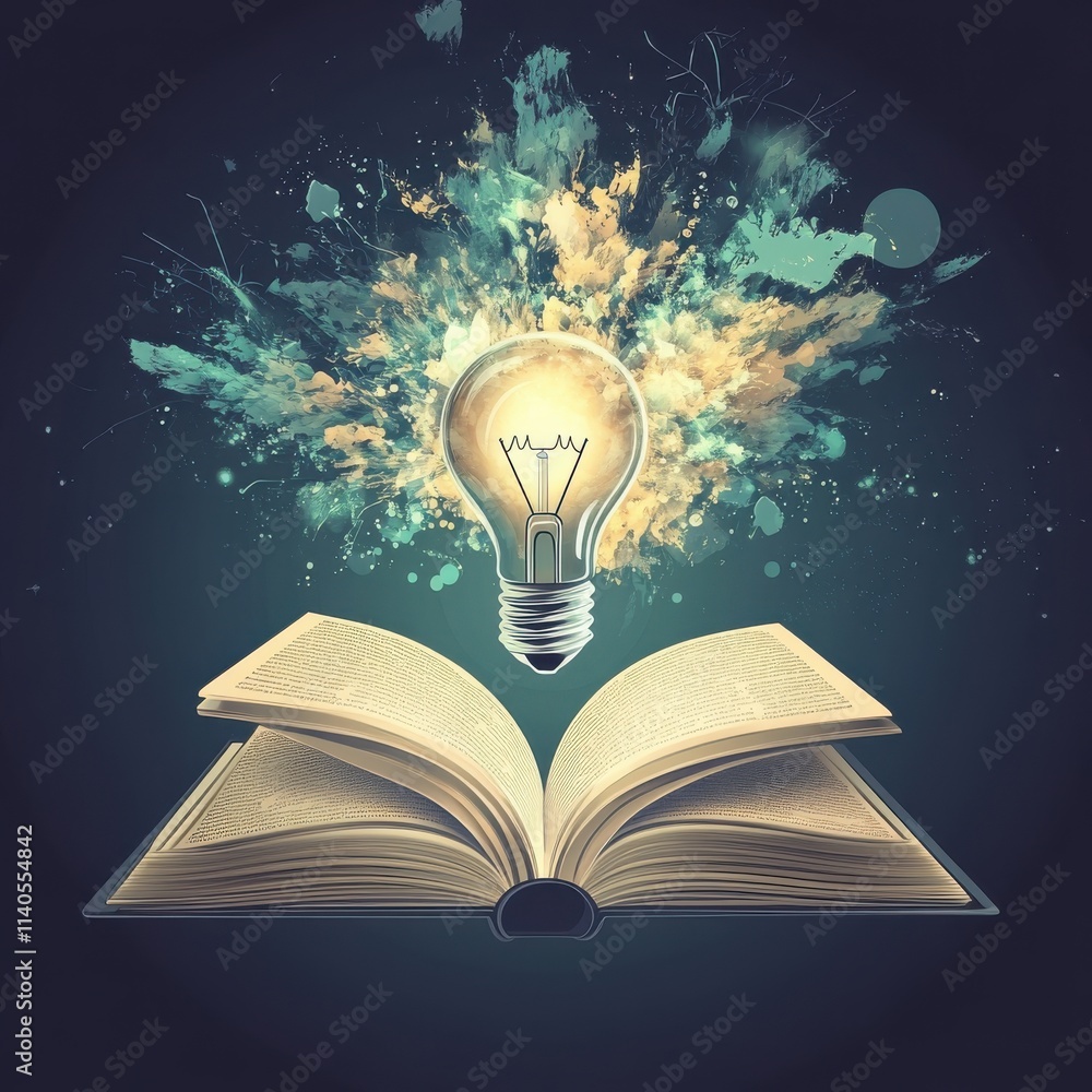 Poster an illuminated light bulb hovering above an open book, symbolizing creativity and knowledge, with vi
