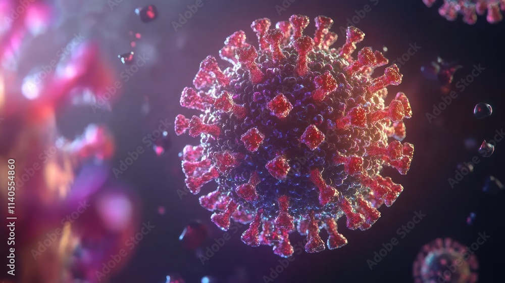 Poster a detailed representation of a virus, showcasing its structure and features.