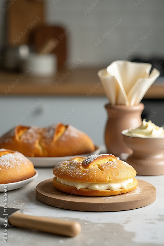 Poster a set of bakery items including a cake is placed on a kitchen table as part of the background scene.