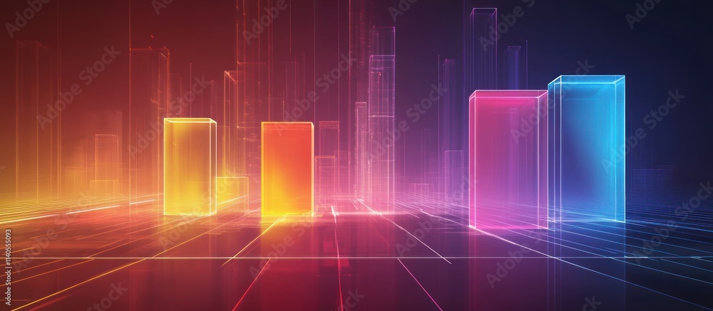 Poster a vibrant, abstract representation of data visualization with glowing bars and a futuristic backdrop