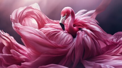 A vibrant pink flamingo surrounded by flowing petals, showcasing beauty and elegance.