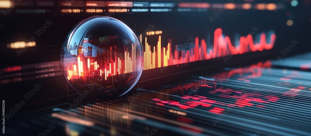 Poster a digital visualization of data trends with a spherical focus.