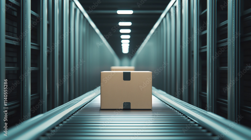 Poster automated warehouse with robotic arms moving packages efficiently