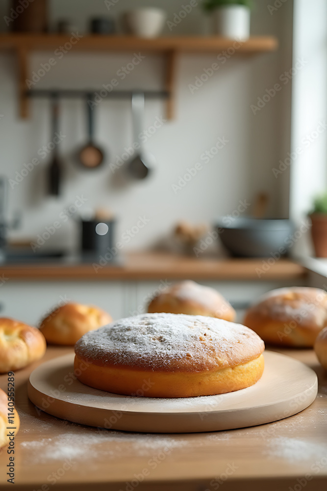 Poster a set of bakery items including a cake is placed on a kitchen table as part of the background scene.