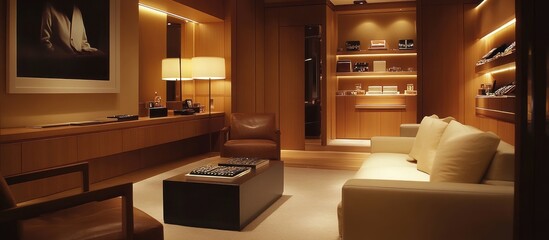 A stylish, modern lounge area with warm lighting and minimalist furniture for relaxation.