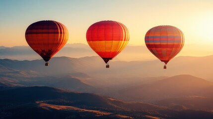 Obraz premium Three hot air balloons fly over mountains at sunset.