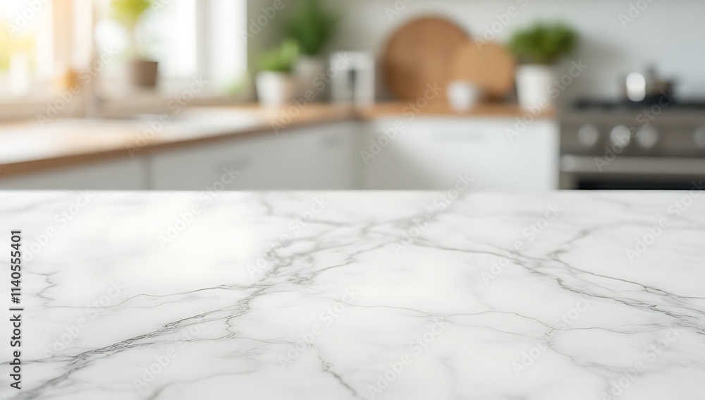 Poster a selective focus shot of a marble table top against a blurred white kitchen room background is visu