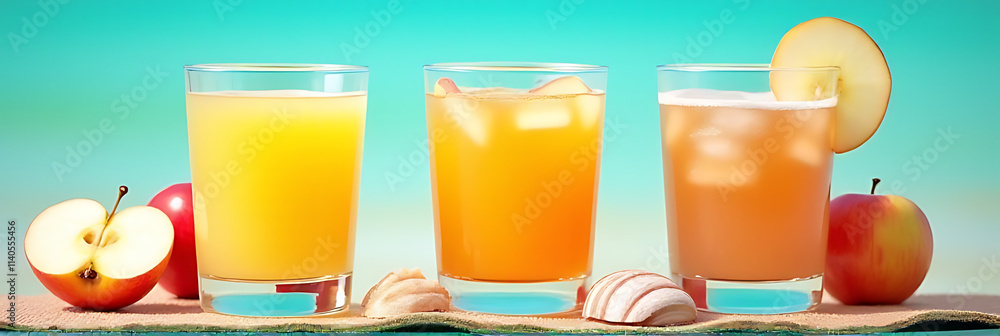 Poster a refreshing summer concept featuring apple juice and a set of colorful seashells in a vibrant desig