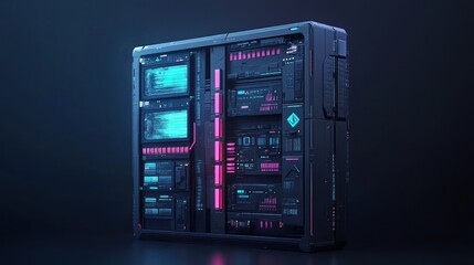 A futuristic server or computer case with neon lights and digital displays.