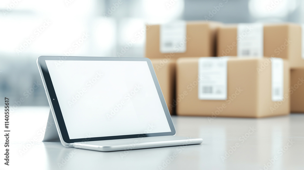 Poster tablet displaying electronic invoice with shipping boxes in background