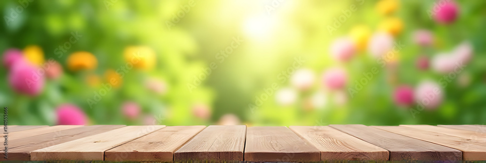 Poster A real wood table with a blurred flower garden background can be used for product displays and design visuals effectively._00004_