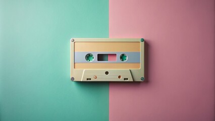 Obraz premium Minimalist Cassette Tape Photography: Retro Music, Vintage Audio, 80s Aesthetic, Analog Sound, Music Background, Simple Design, Clean Lines, Geometric Shapes, Cassette Player