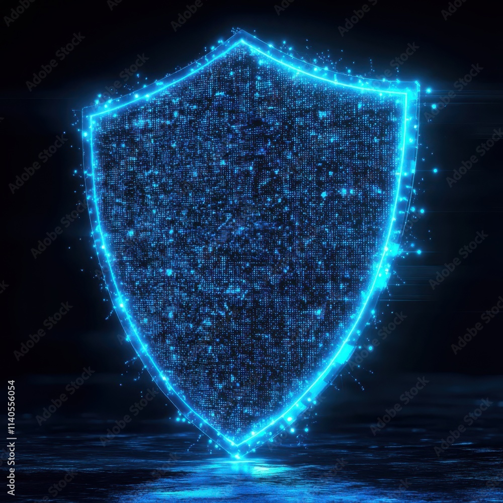 Poster a glowing blue digital shield made of binary data, symbolizing cybersecurity and data protection.