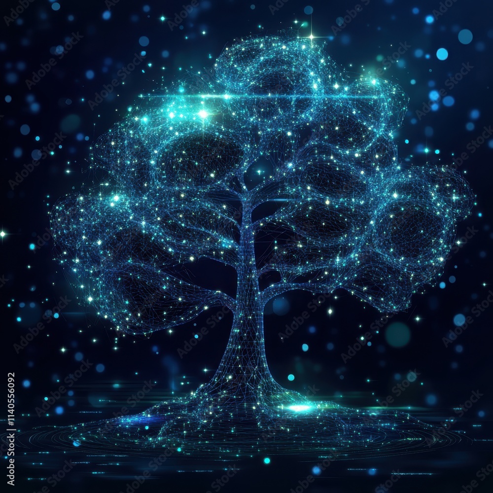 Poster a mesmerizing digital tree constructed from luminous blue lines and dots, symbolizing growth and con
