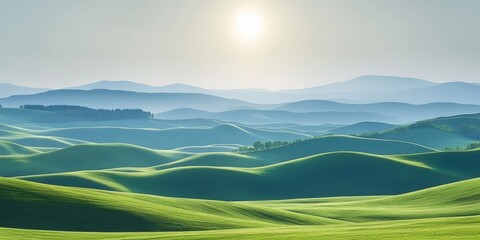 Fototapeta premium Serene landscape of rolling green hills under a soft sunrise, creating a peaceful and tranquil atmosphere.