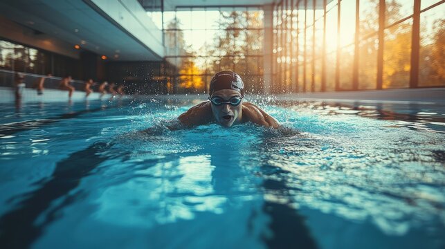 A male swimmer races through the water in a pool.