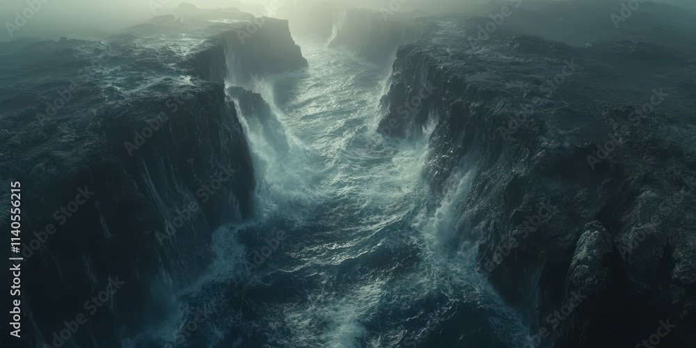 Poster a breathtaking view of powerful waves crashing into the rugged cliffs, surrounded by a misty atmosph