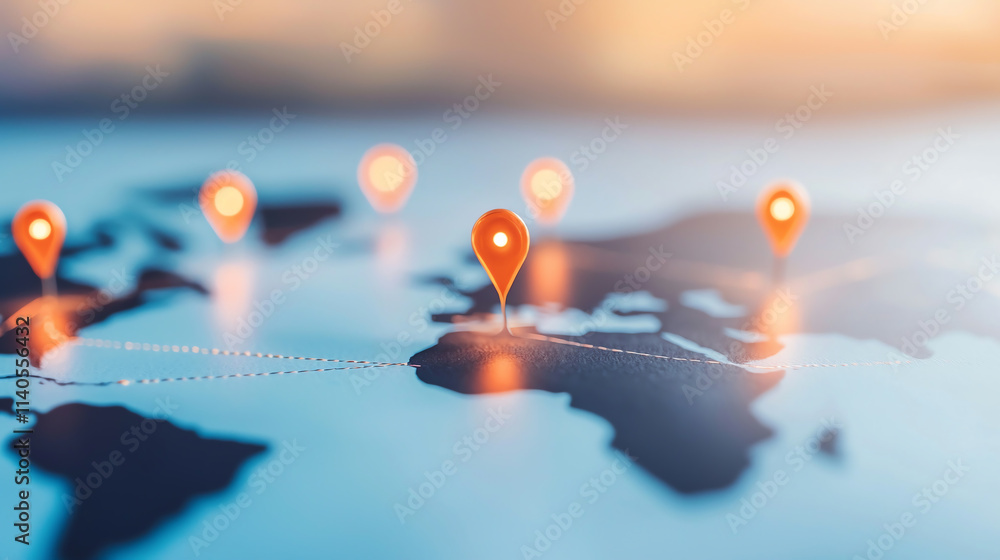 Poster mapping logistics with location markers on world map